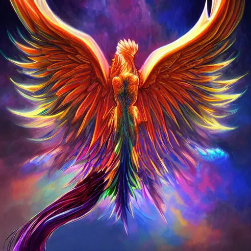 Prompt: artwork of a phoenix, highly detailed, artstation, rainbow colors, night black sky background, smooth illustration, digital art, unreal engine, ultra realistic, fine art, concept art