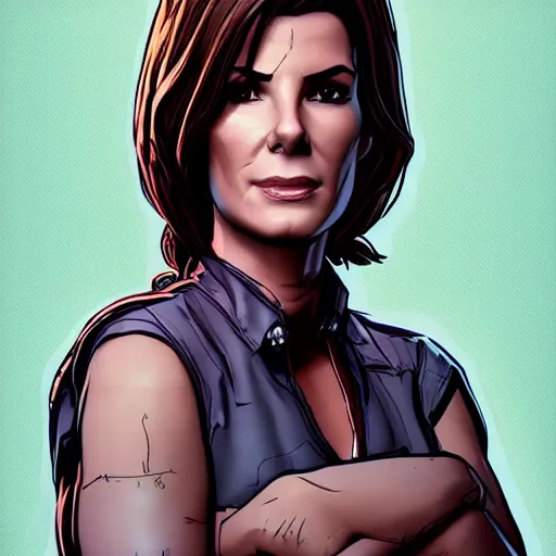 Image similar to sandra bullock portrait, borderlands, tales from the borderlands, the wolf among us, comic, cinematic lighting, studio quality, 8 k