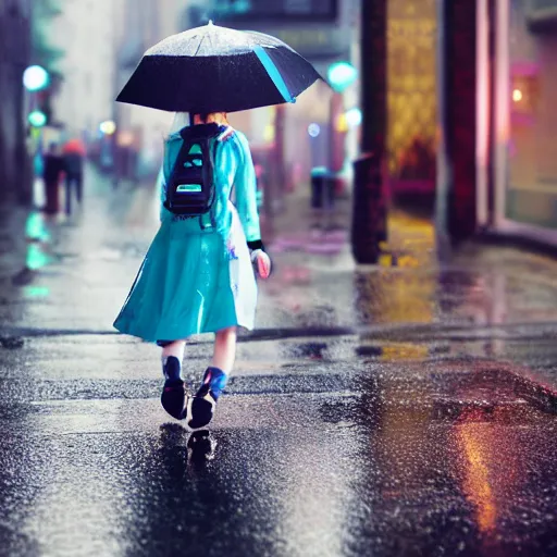 Prompt: photorealistic hatsune miku walking down a rainy street, ef 8 5 mm f 1. usm