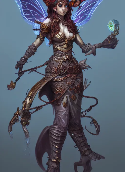 Image similar to dungeons and dragons art design of a fairy artificer, concept art, intense, illustration, digital painting, highly detailed, fantasy, trending on artstation,