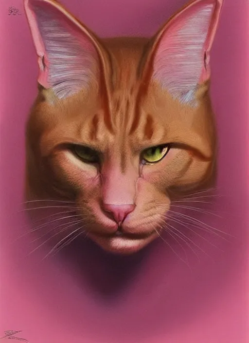 Image similar to a portrait of a pink cat, art by boris vallejo and greg danton and denys tsiperko, detailed, hyperrealism, artstation