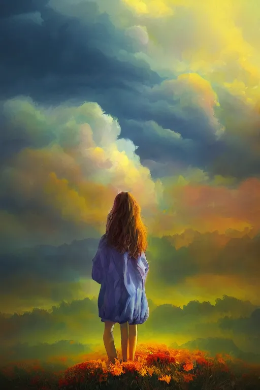 Image similar to closeup giant dahlia flower as head, girl standing on mountain, surreal photography, blue storm clouds, dramatic light, impressionist painting, digital painting, artstation, simon stalenhag