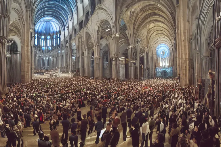 Image similar to huge crowd listens to a hermeneutic pipe organ concert in a vast basilica, matte painting, scenic full shot, ambient lighting, by makoto shinkai, stanley artgerm lau, wlop, rossdraws