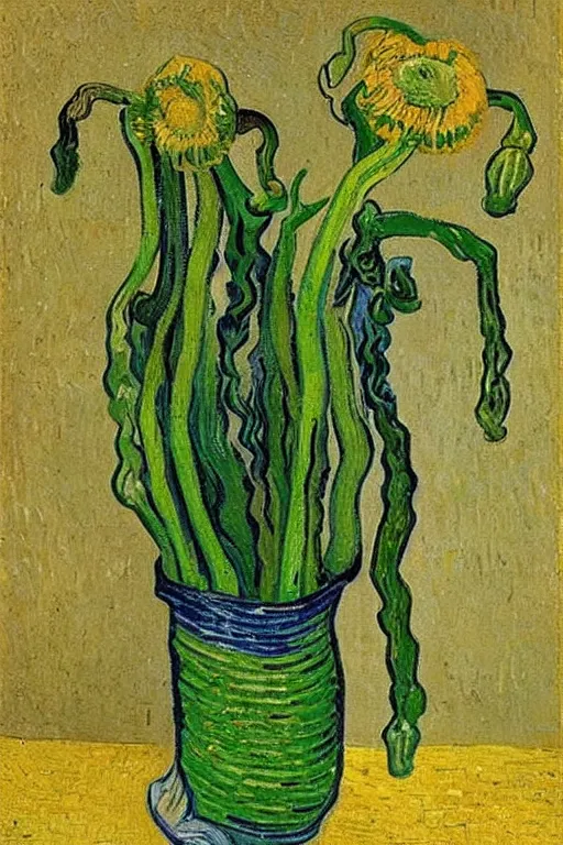 Image similar to Fiddleheads, painted by Vincent Van Gogh (1890), oil on canvas, detailed brushstrokes