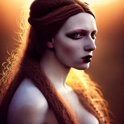 Image similar to photographic portrait of a stunningly beautiful female renaissance germanic goth pagan, in soft dreamy light at sunset, god rays, contemporary fashion shoot, by edward robert hughes, annie leibovitz and steve mccurry, david lazar, jimmy nelsson, breathtaking, 8 k resolution, extremely detailed, establishing shot, artistic, hyperrealistic, perfect face, octane render