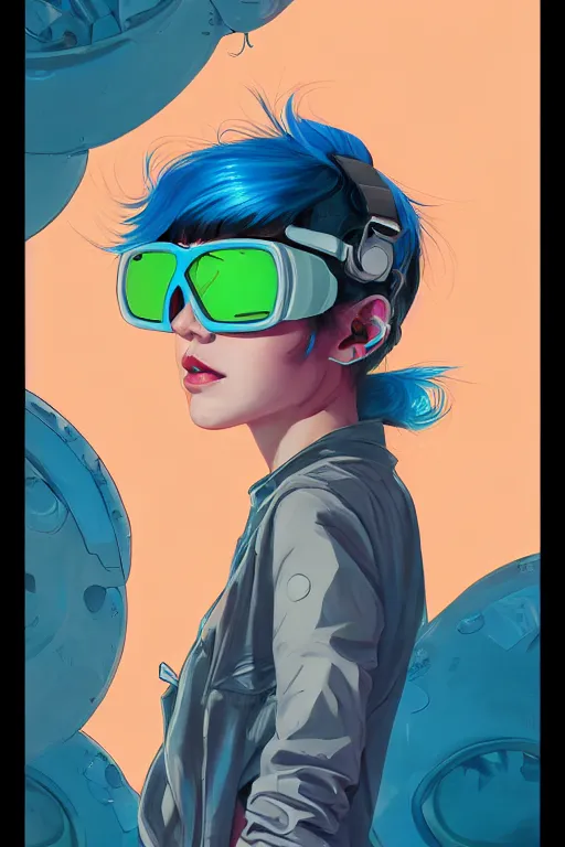 Image similar to portrait painting of a teenage girl with swept back wild blue hair, fashionable, windy, goggles, sharp focus, award - winning, cinematic pose, cinematic lighting, trending on artstation, masterpiece, highly detailed, intricate. art by josan gonzales and moebius and deathburger