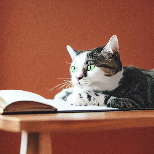 Image similar to a photo of a stressed out cat studying for an exam