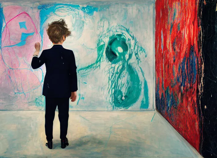 Image similar to portrait of a child wearing a suit, vincent lefevre and hernan bas and pat steir and hilma af klint, psychological, photorealistic, dripping paint, washy brush, rendered in octane, altermodern, masterpiece