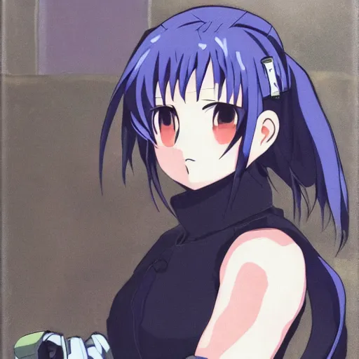 Image similar to rika furude from higurashi wearing techwear, oil on canvas