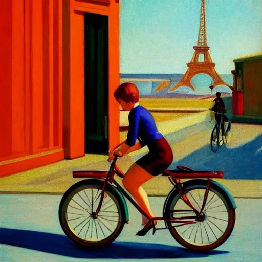 Image similar to young puppy riding a bike in paris. edward hopper. faithfully depicted, sharp focus, global illumination, radiant light, detailed and intricate environment, trending on artstation