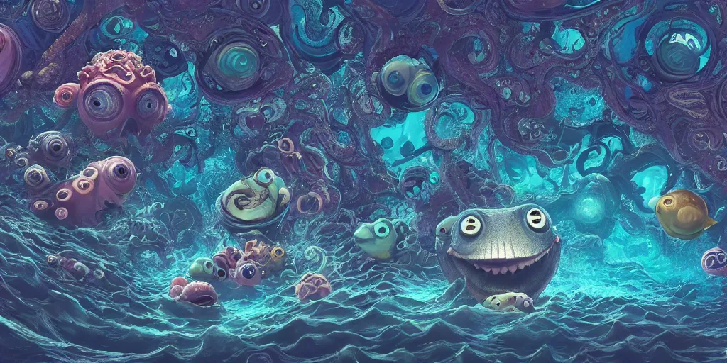 Image similar to of an intricate deep sea with strange cute friendly happy creatures with huge eyes, long tongue, round teeth and goofy funny face, appearing from the background, in the style of gehry and gaudi, macro lens, shallow depth of field, ultra detailed, digital painting, trending artstation, concept art, illustration, cinematic lighting, photorealism, epic, octane render