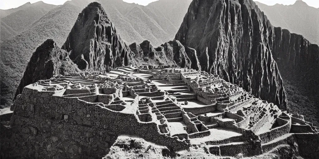 Image similar to lost city of the incas on the auyan tepui, vintage photograph, bw, by edward s curtis, realistic,