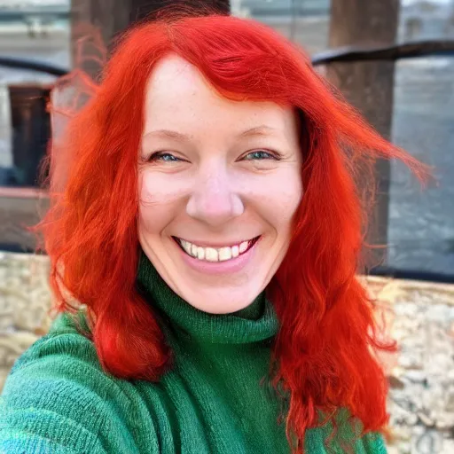 Image similar to a smiling woman with red hair, green eyes, dimples, and rosy cheeks