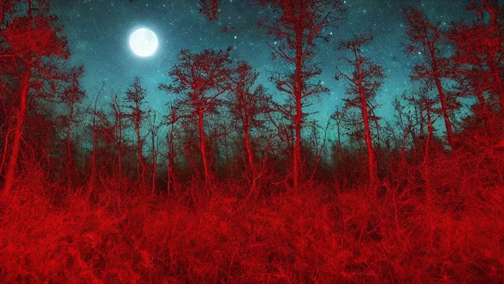 Image similar to (((psychedelic))) 8k ultra realistic night time photography of a mystical cosmic night sky with red smoke and a perfect huge full moon, A glimpse through a small gap in the dark green foliage and overgrowth and the trees of the huge gibbous full moon over water in a dark sky. wreathed in red smoke!!!, starlight, night-time, dark enclosed, cozy, quiet forest night scene, spangled, cosmic