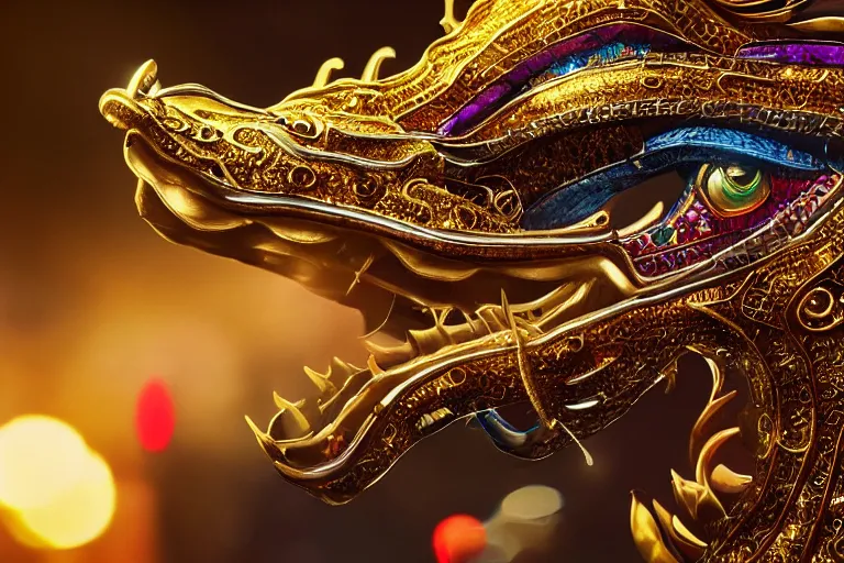 Image similar to cinematic closeup portrait of a gold and silver chinese dragon intricately decorated with colorful jewels, detailed textures, nighttime city lights, strong bokeh, dramatic lighting, unreal engine, cgsociety, artstation, 4k