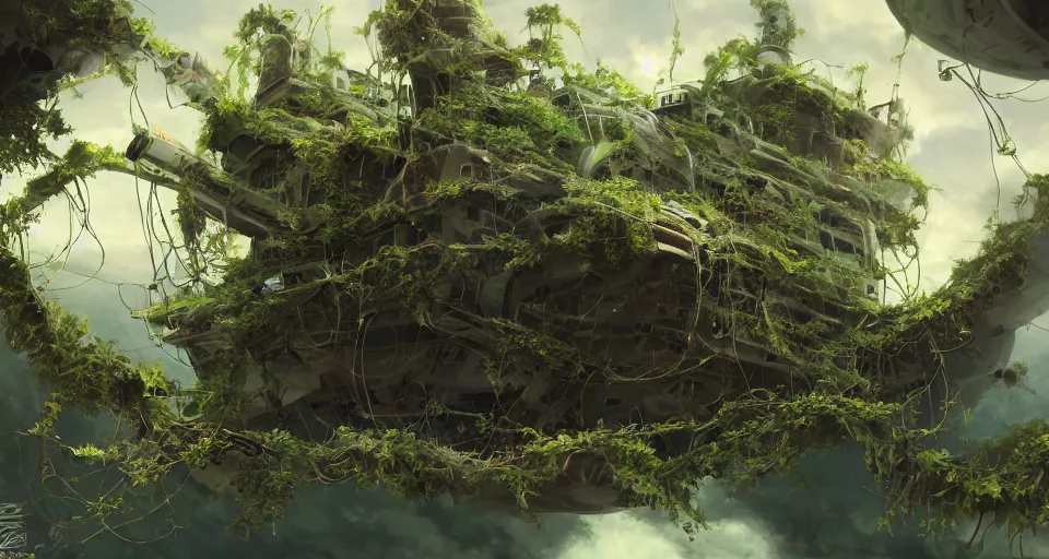 Image similar to close - up broken collided flying ship taken by ferns and vines, highly detailed, sharp focus, matte painting, by studio ghibli, by giovani magana,