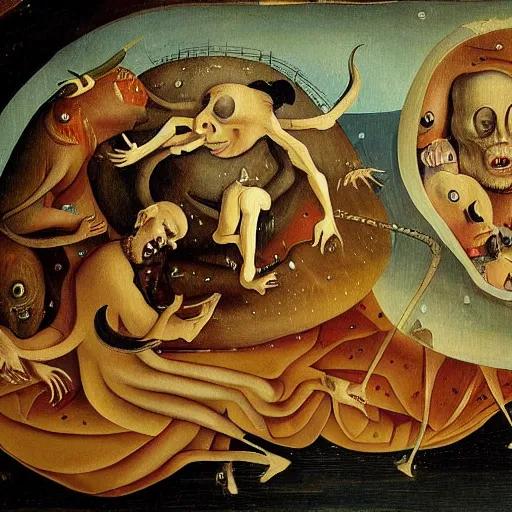 Image similar to beautiful painting of eldricht zooplancton monsters orbiting around the psyche of a sleeping man in the style of Hyeronimus Bosch