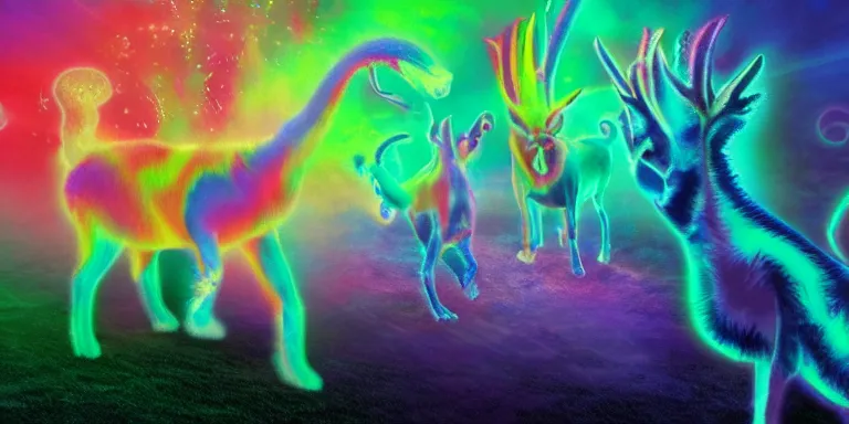 Image similar to hyperrealistic lisa frank nightmare creatures emerging from the fog