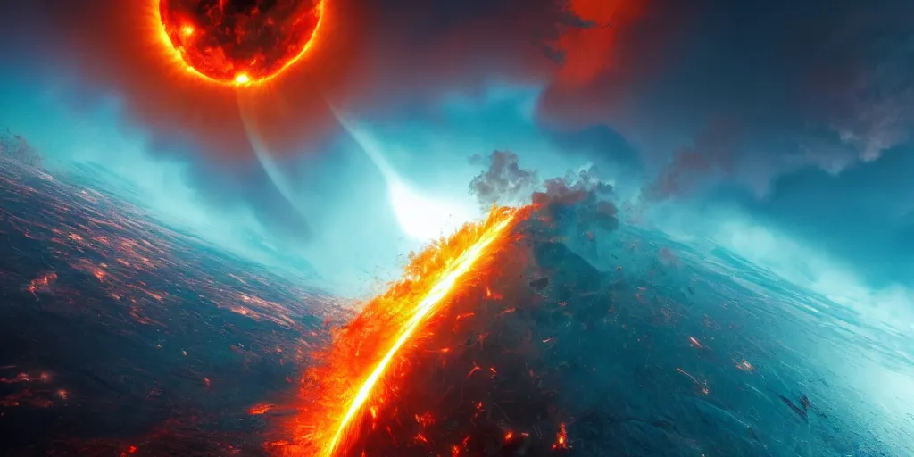 Image similar to inside a solar flare storm within looking from space at exploding volcano in middle of the sea, unreal engine, loish, rossdraws, night lighting, highly detailed, 8 k, octane render