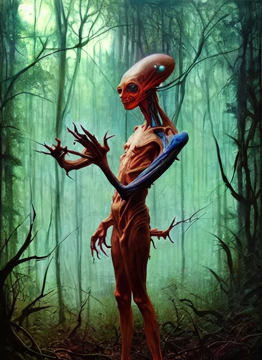 Image similar to hyper realistic magic alien in the woods in a river gorgeous lighting, lush forest foliage blue sky a hyper realistic painting by chiara bautista and beksinski and norman rockwell and greg rutkowski, tom bagshaw weta studio, and lucasfilm