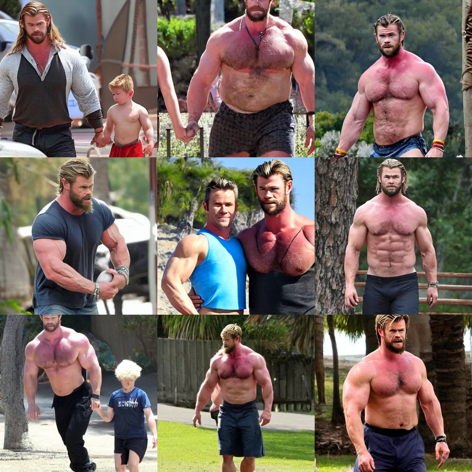 Prompt: chris hemsworth as a burly padded strongman dad, hairy