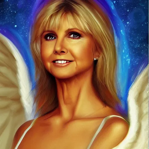 Image similar to Olivia Newton John as an angel, artstation.