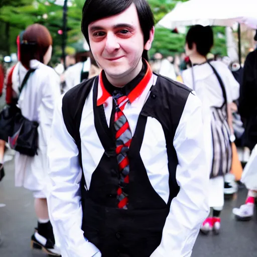 Image similar to cute looking martin shkreli in maid dress photographed at harajuku tokyo street fashion event,