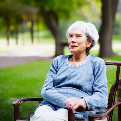 Image similar to an older woman sitting in a park using an oxygen concentrator, 4 k,