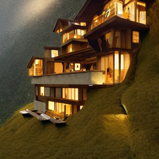 Prompt: small hillside house made of honey, modern lighting, hyper - realistic, hyper - detailed, 8 k, octane rendered, art nouveau, organic, flowing, impossible torsion, writhing, lush, dynamic