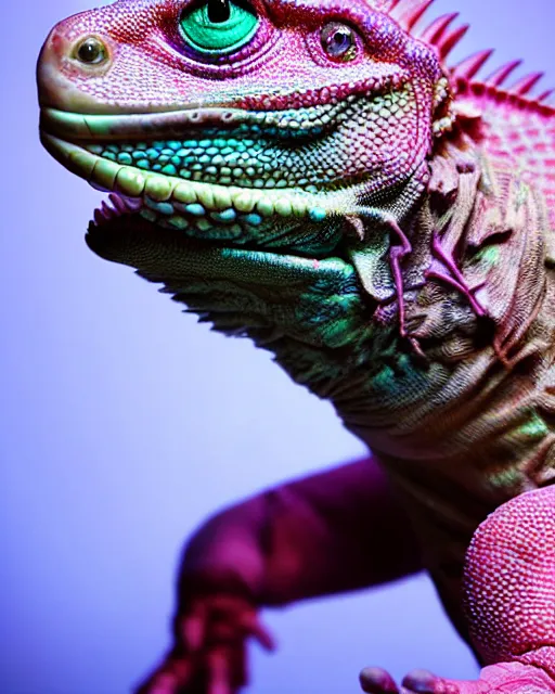 Image similar to natural light, soft focus portrait of a cyberpunk anthropomorphic iguana with soft synthetic pink skin, blue bioluminescent plastics, smooth shiny metal, elaborate ornate head piece, piercings, skin textures, by annie leibovitz, paul lehr