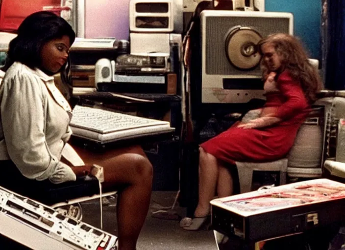 Prompt: cinematic shot of octavia spencer stressed out in an cramped used electronics store next to an old electronic keyboard, iconic scene from the paranoid thriller sci fi film directed by stanley kubrick, anamorphic cinematography, beautiful composition, color theory, leading lines, photorealistic