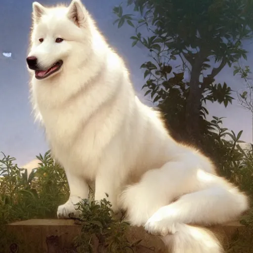 Image similar to samoyed dog, intricate, art by artgerm and greg rutkowski and alphonse mucha and william - adolphe bouguereau, high detailed, 4 k,