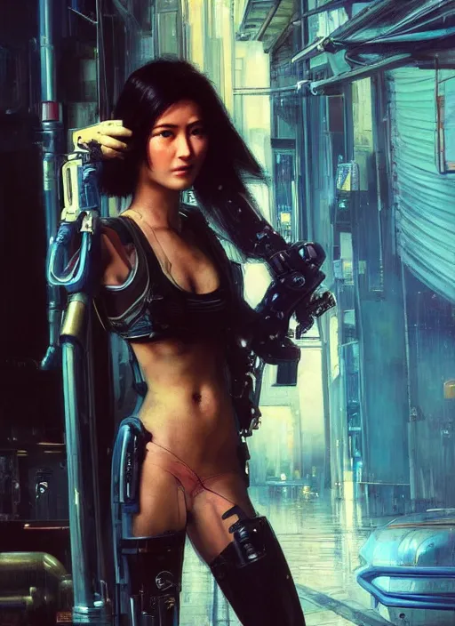 Image similar to Marie Tanaka. Beautiful Cyberpunk mechanic with robotic legs. (Cyberpunk 2077, bladerunner 2049). Gorgeous face. Iranian orientalist portrait by john william waterhouse and Edwin Longsden Long and Theodore Ralli and Nasreddine Dinet, oil on canvas. Cinematic, vivid colors, hyper realism, realistic proportions, dramatic lighting, high detail 4k