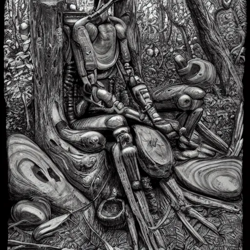 Image similar to A Cybernetic Thinker sculpture, sitting in a open forest, mushrooms and peyote at the base, high detail, b&w, ornate naturalist sketch