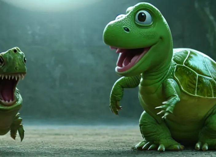 Image similar to film still of yoshi in the new sci - fi movie, cute upright dinosaur standing on its hind legs with a small turtle shell and long tongue, 8 k