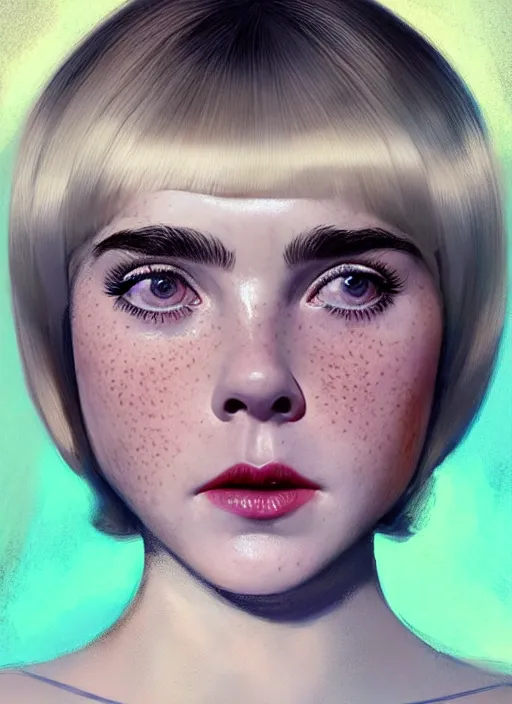 Image similar to portrait of kiernan shipka with freckles, white hair, big 1 9 6 0 s bob hairstyle with bangs and hairband, blue 1 9 6 0 s dress, intricate, elegant, glowing lights, highly detailed, digital painting, artstation, concept art, smooth, sharp focus, illustration, art by wlop, mars ravelo and greg rutkowski