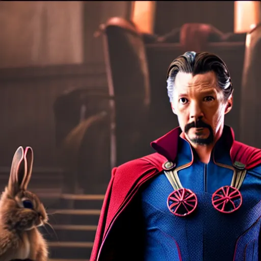 Image similar to Film still of a rabbit as Dr. Strange in avengers endgame, 4k