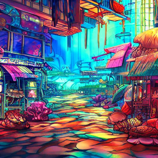 Prompt: anime background of an undersea slums shopping district built from various sea shells and corals, seaweed, light prisms, light diffraction, steampunk, cyberpunk, cool colors, caustics, anime, vhs distortion