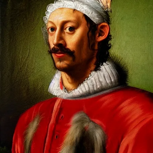 Image similar to british king michael jordan, portrait, renaissance painting, feathered cap, art gallery, famous painting