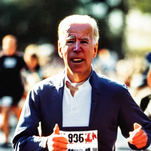 Prompt: film still close - up shot of joe biden running a marathon. photographic, photography