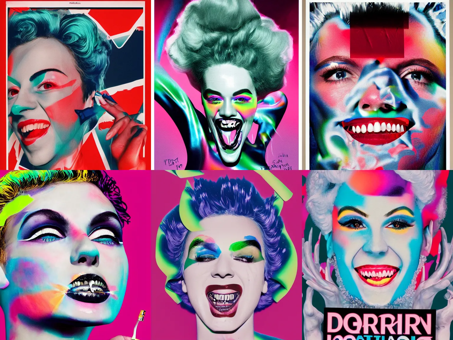 Prompt: Blast of liquid toothpaste covering Dorian Electra, big teeth smiling Dorian Electra, toothpaste vintage advertisement poster printed CMYK ink coloured lithography, everything made out of toothpaste, edgy hyperfeminine