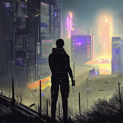 Image similar to The armed sole survivor stands on the hill watching a Apocalyptic city on a clear stars night, cyberpunk digital art