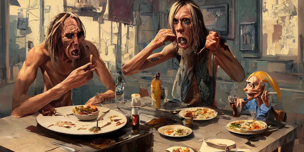 Prompt: cartoonish iggy pop having dinner with tom waits, vivid colors, character sheet, fine details, concept design, contrast, kim jung gi, greg rutkowski, trending on artstation, 8 k, full body, turnaround, front view, back view, ultra wide angle