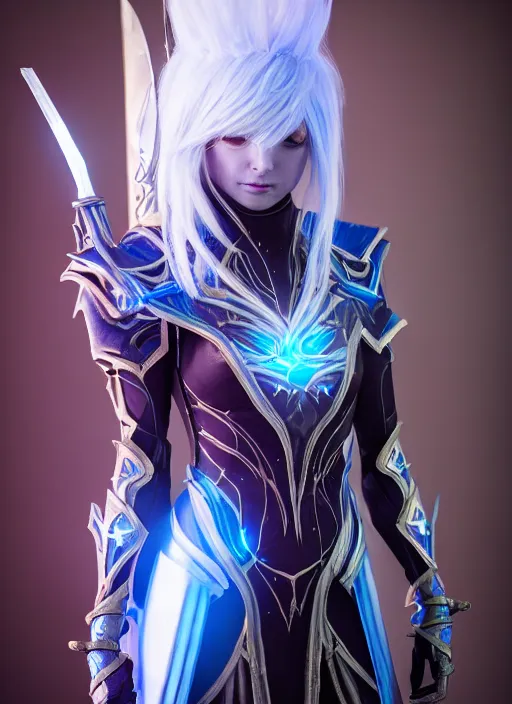 Image similar to photo of a sorceress near mage tower, warframe armor!!, fantasy, white hair, blue decorations, professionally color graded, interesting angle, sharp focus, 8 k high definition, insanely detailed, intricate, intelligent, art by akihiko yoshida and shirotaka