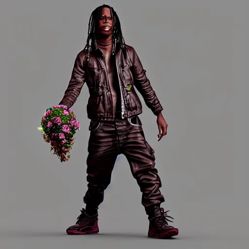 Image similar to travis scott holding black rose, zbrush, blender, digital art, trending on artstation,