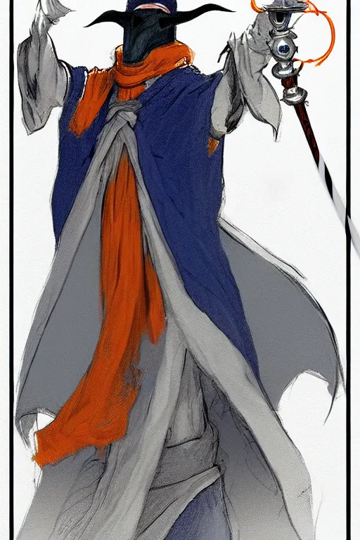 Image similar to a sketch of a plague doctor with a white plague mask and a blue wizard robe casting a orange light spell using his right hand, as a d & d character, blue robe, magical, blue and orange highlights, hip hop aesthetic, concept sheet, painting by gaston bussiere, demon slayer, akiri toriyama, dramatic lighting, professional digital art, anime