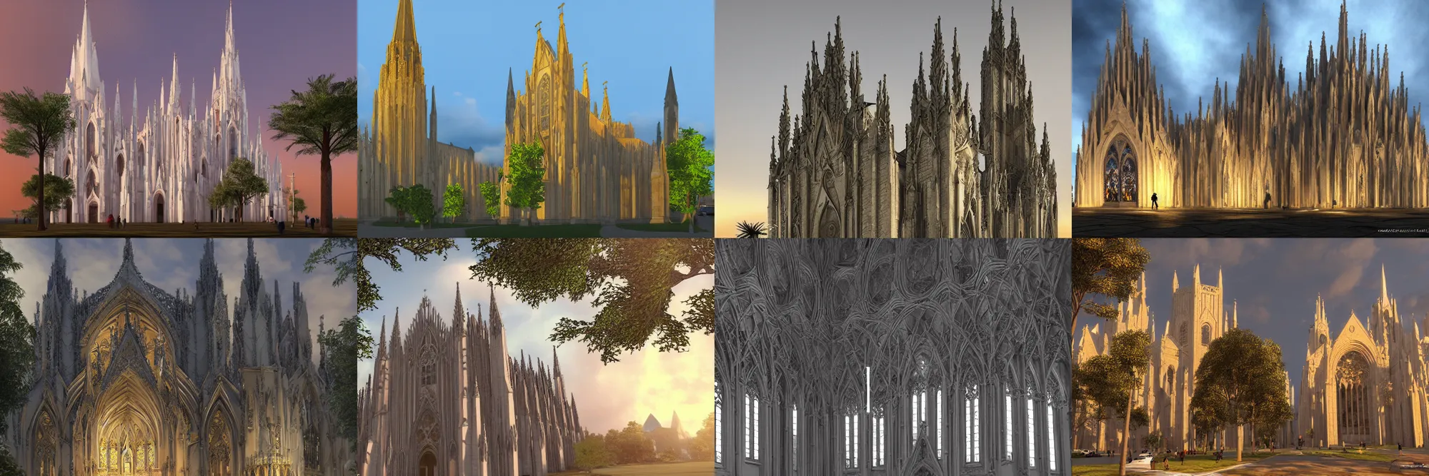 Prompt: uma catedral conica no meio de uma cidade planejada, cheia de arvores, atardecer, ultra realista, ultra detailed, trending on artstation,