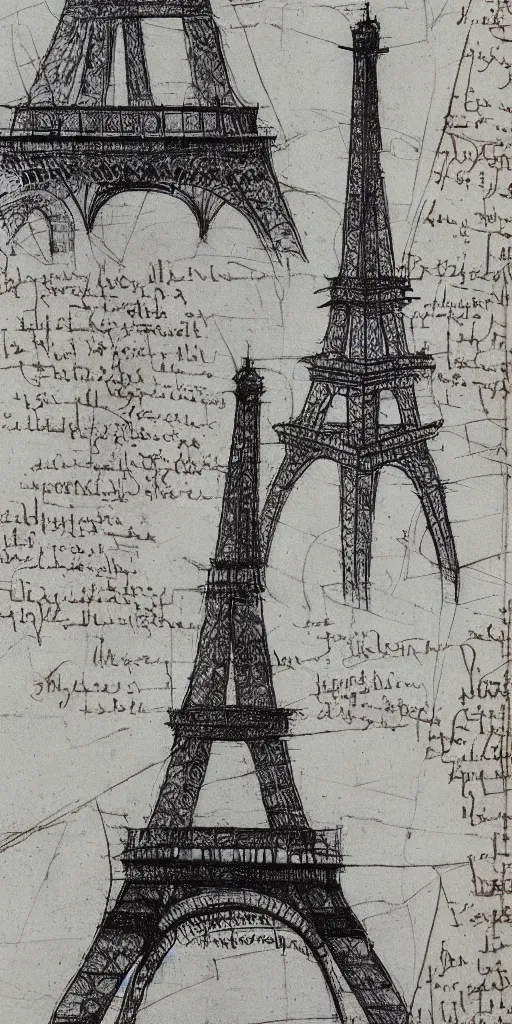 Image similar to architectural design studies of Eiffel Tower, different closeup view, drawn by Leonardo da Vinci, ancient ink draw, artistic, intricated
