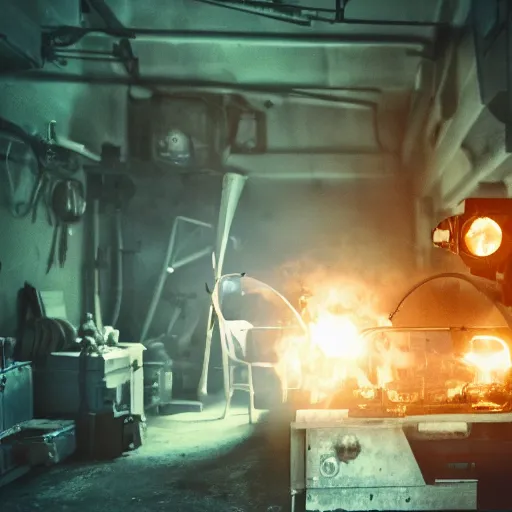 Image similar to cyborg toaster oven repairman, dark messy smoke - filled cluttered workshop, dark, dramatic lighting, orange tint, sparks, cinematic, highly detailed, sci - fi, futuristic, movie still