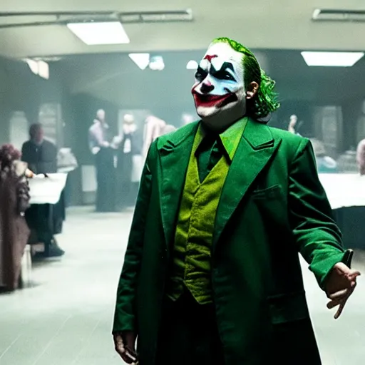 Image similar to still from the new joker movie with Danny Devito as the joker, 35mm film